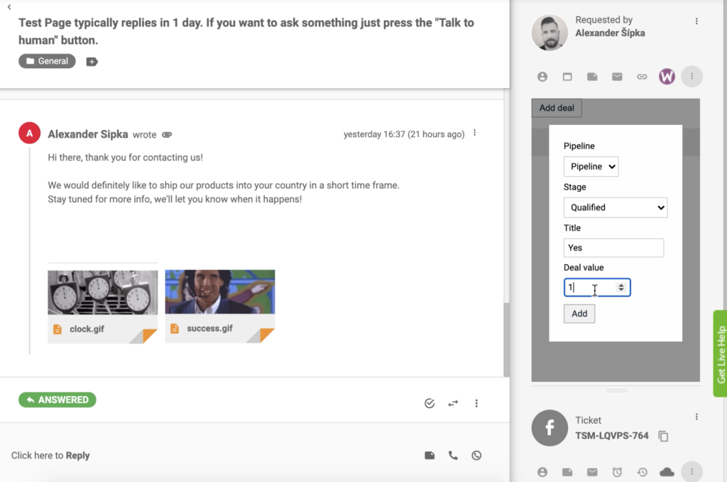Adjon hozzá megállapodást a PipeDrive CRM integrációjával a LiveAgent jegy nézetében