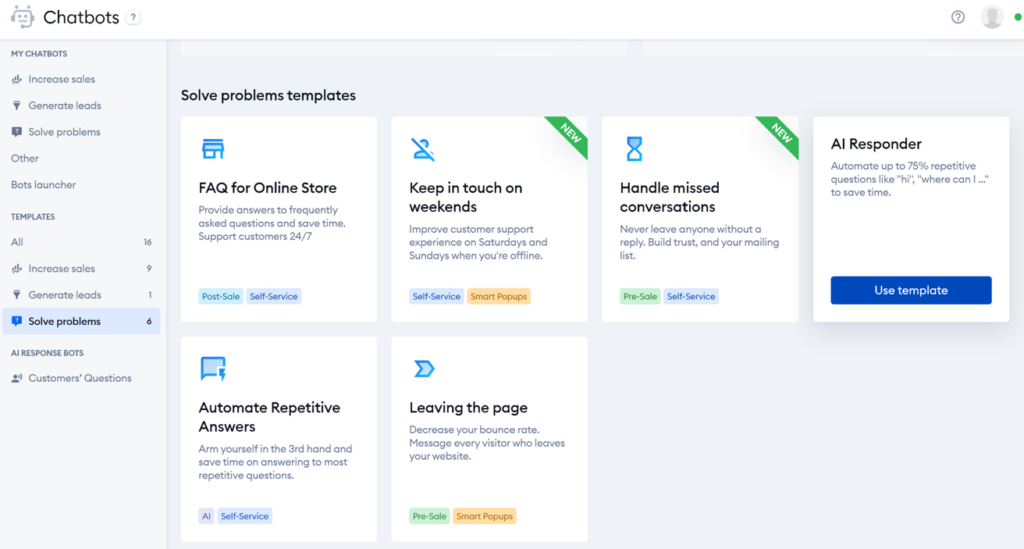 Tidio - chatbot sablonok