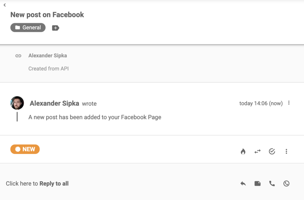Facebook-értesítés, amely a LiveAgentbe érkezett