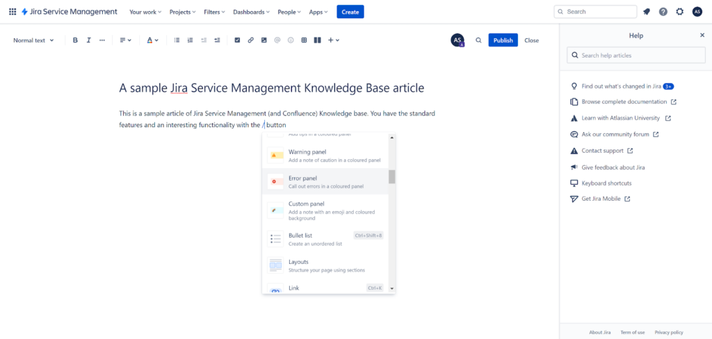 Jira Service Management - Cikk létrehozása